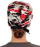 Surgical Cap - Red, Grey, Black & White Camouflage with Black Ties