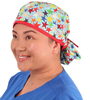 Big Hair Surgical Scrub Cap - Multi Color Stars with Red Ties