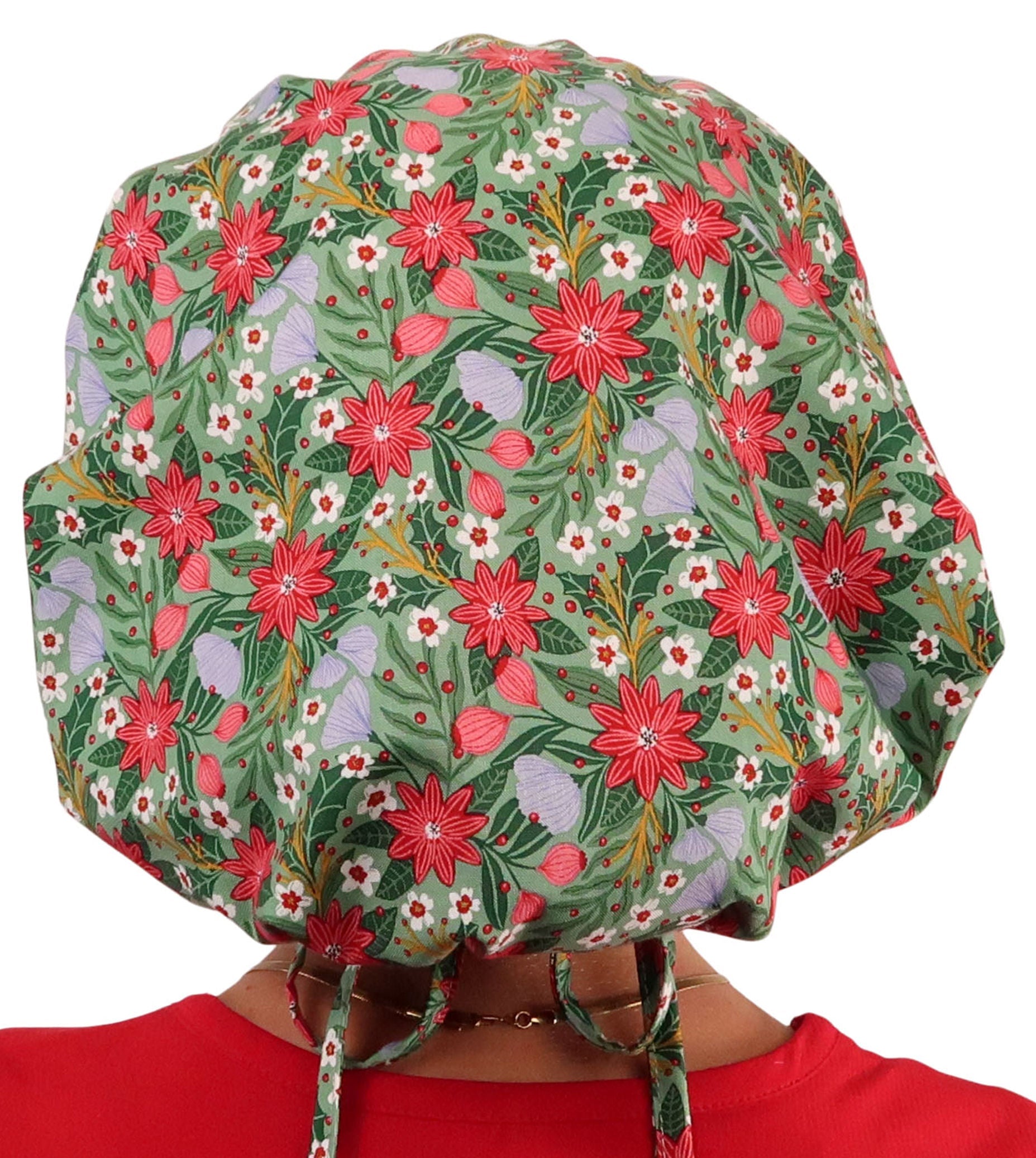 Stylish American Made Banded Bouffant Ponytail Scrub Cap - Poinsettia Party Banded Bouffant Surgical Scrub Caps