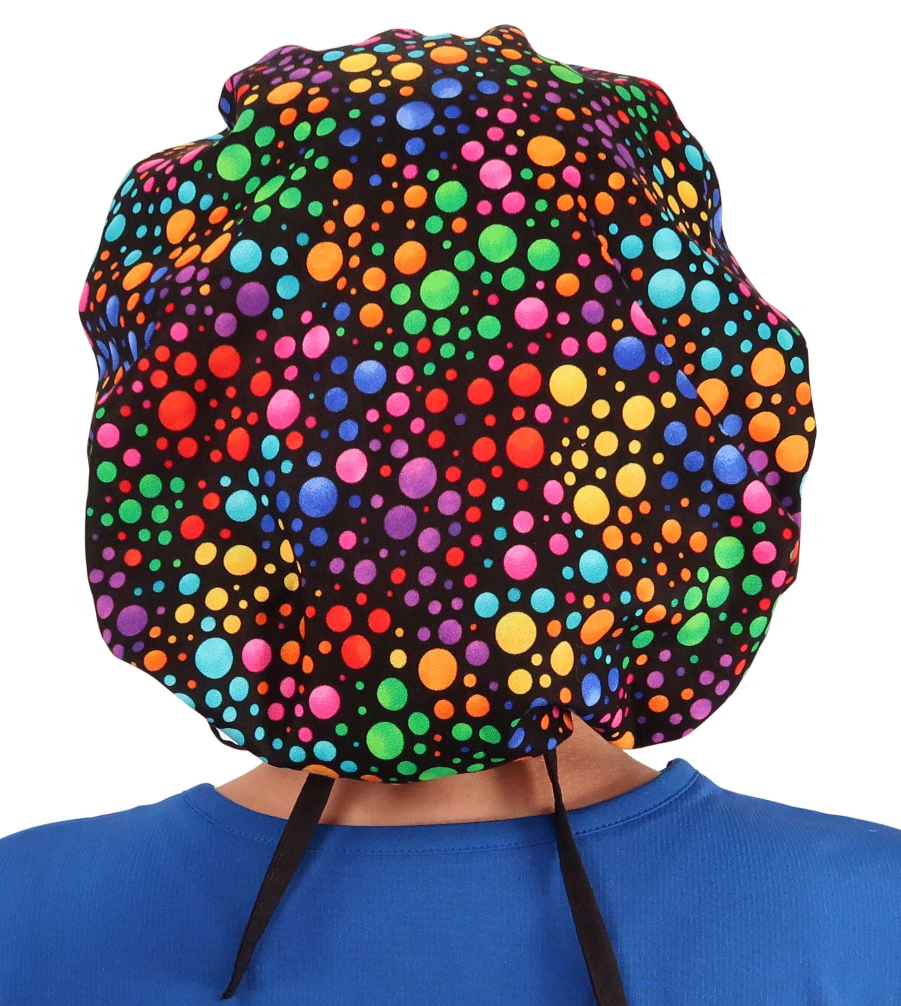 Back Facing Untied View of a Woman Wearing a Banded Bouffant Ponytail Surgical Scrub Cap - Multi Color Dots Patterned Fabric with Black Ties 