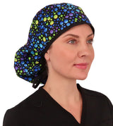 Big Hair Ponytail Surgical Scrub Cap - Perfect Scrub Cap for Long Hair - Blue, Green & Purple Dots with Black Ties