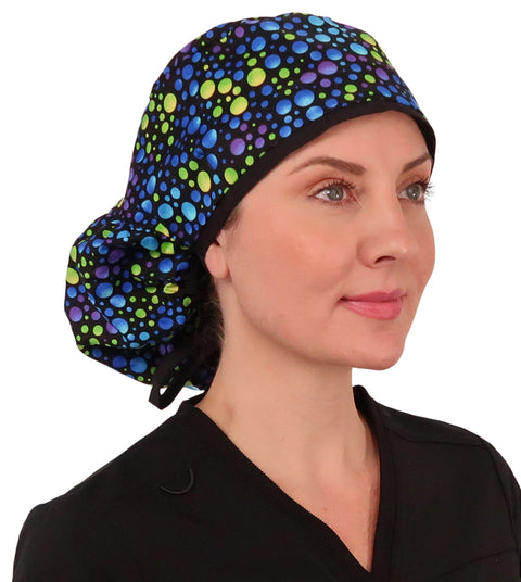 Big Hair Ponytail Surgical Scrub Cap - Perfect Scrub Cap for Long Hair - Blue, Green & Purple Dots with Black Ties