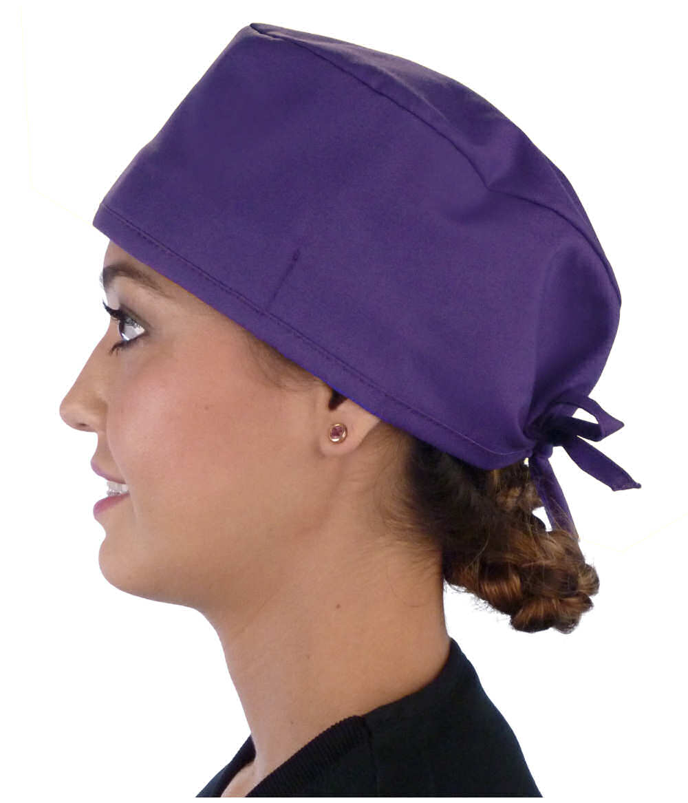 Side Facing View of a Woman Wearing a Classic Cotton Surgical Scrub Cap - Purple Scrub Cap