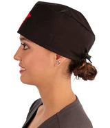 Embellished Surgical Scrub Cap - Black Cap with Red Caduceus Patch