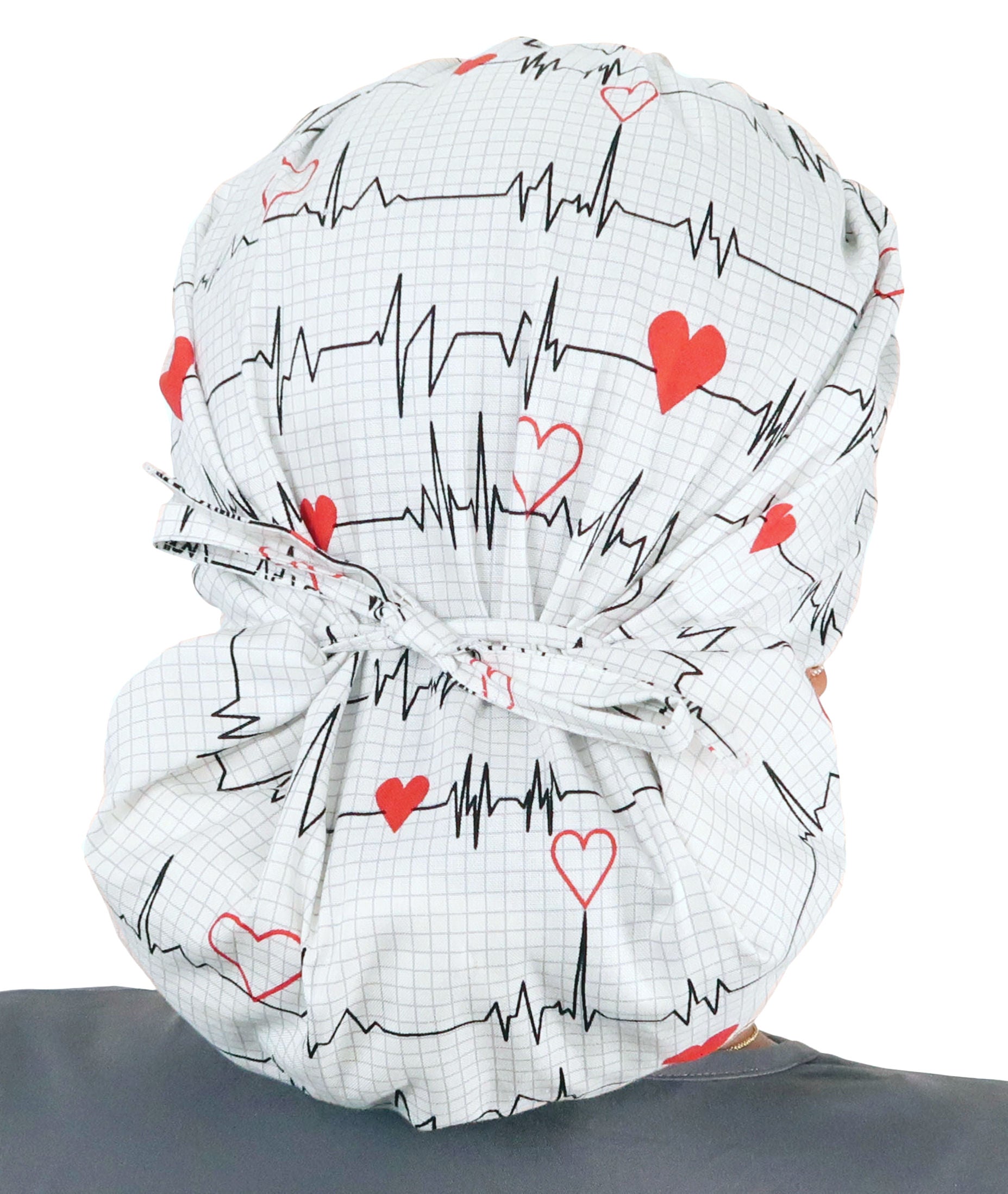 Back Facing Tied View of a Woman Wearing a Tied Back Banded Bouffant Ponytail Surgical Scrub Cap - Heartbeats on White Patterned Fabric