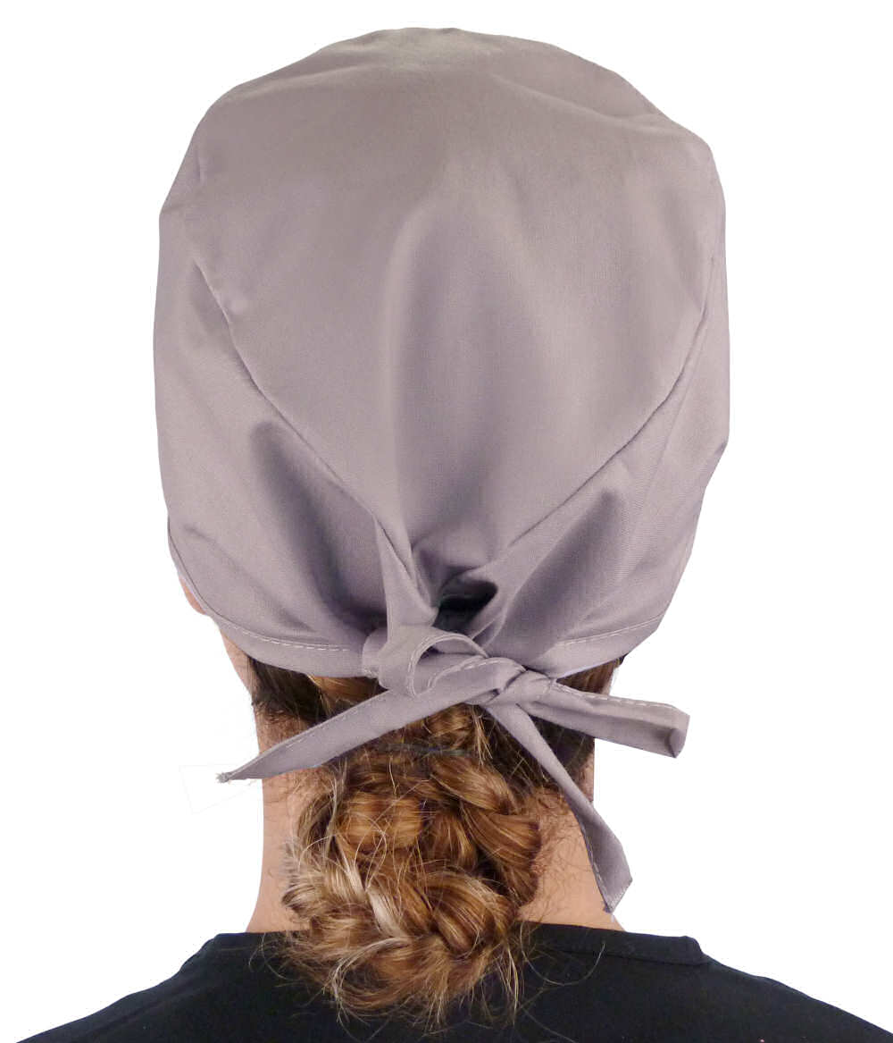 Back Facing View of a Woman Wearing a Classic Cotton Surgical Scrub Cap - Light Grey Scrub Cap