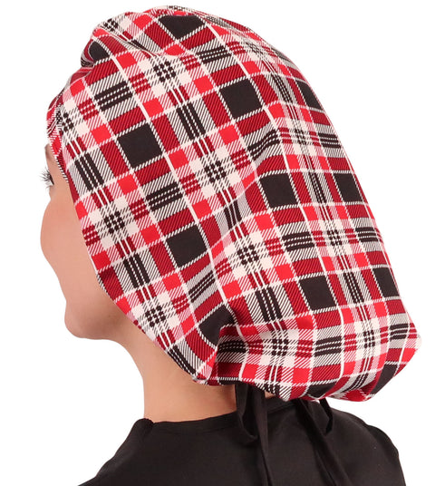 Banded Bouffant Surgical Scrub Cap - Sassy Classy Plaid with Black Ties