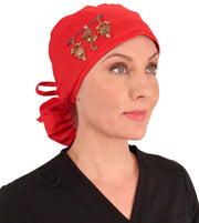 Big Hair Surgical Scrub Cap - Three Monkeys Patch on Red