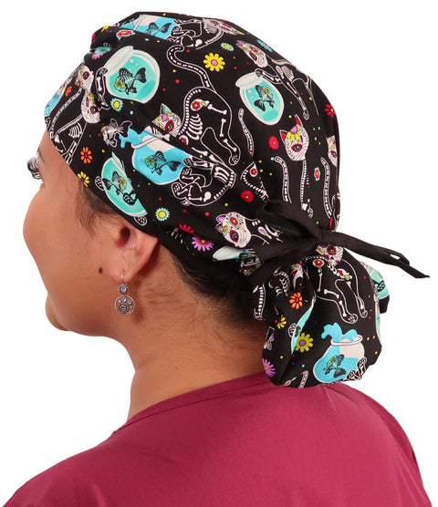 Designer Banded Bouffant Surgical Cap - X - Ray Cats with Black Ties - Designer Banded Bouffant Surgical Caps - Sparkling EARTH