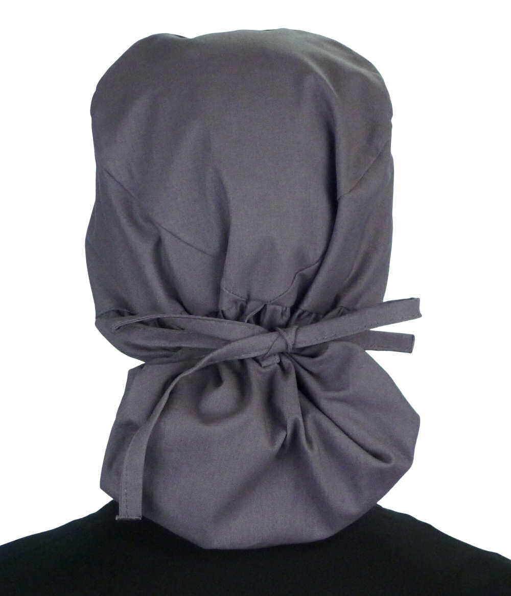 Back facing tied image of a woman in scrubs wearing a Grey Big Hair Ponytail Scrub Cap and grey ties to hold the scrub cap in place.