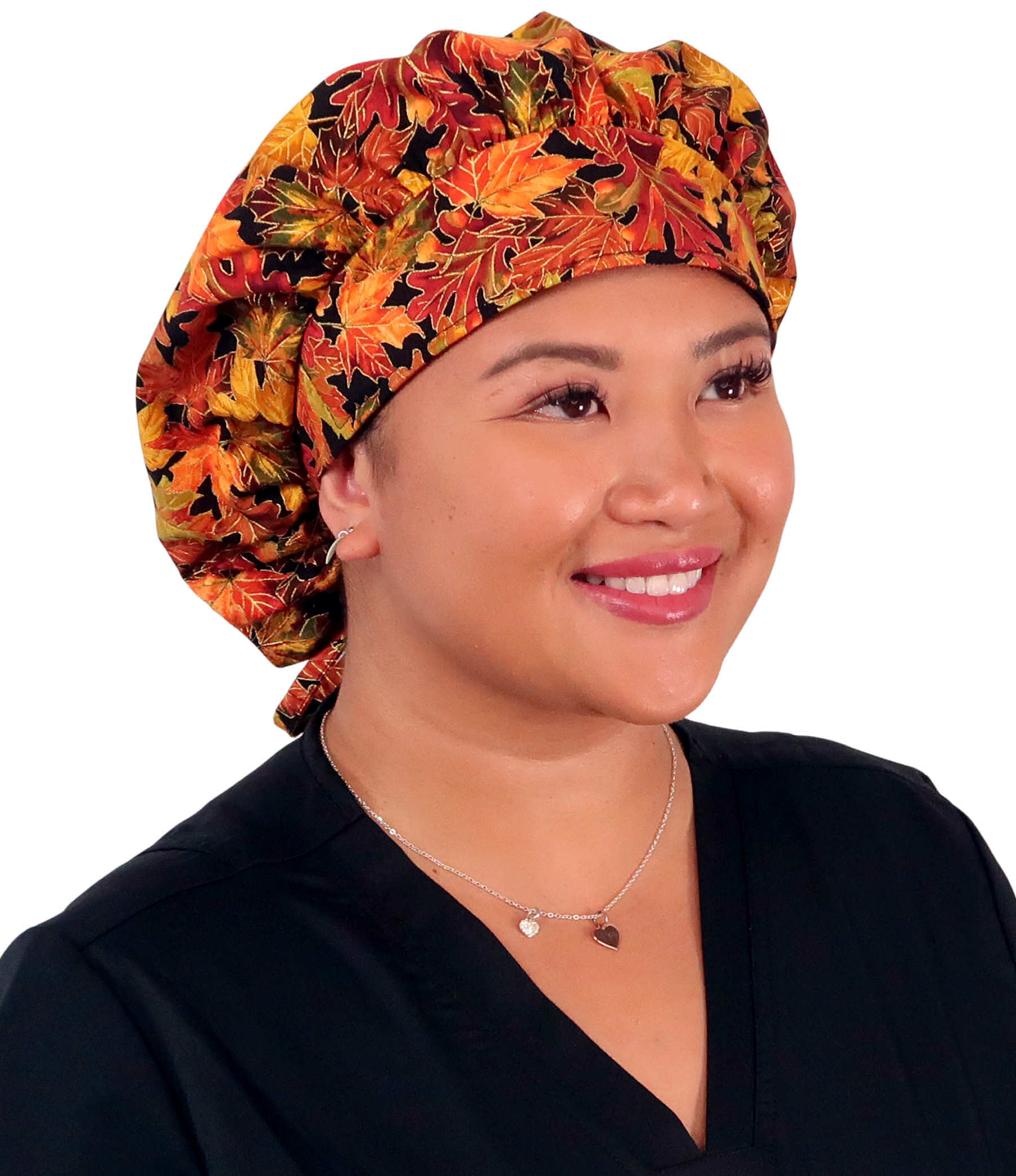 Stylish American Made Banded Bouffant Ponytail Scrub Cap - Metallic Autumn Leaves SALE-Fall-2025