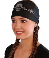 Embellished Stretch Headband - Black Headband with Skull Barbed Wire Rhinestud/Stone Design