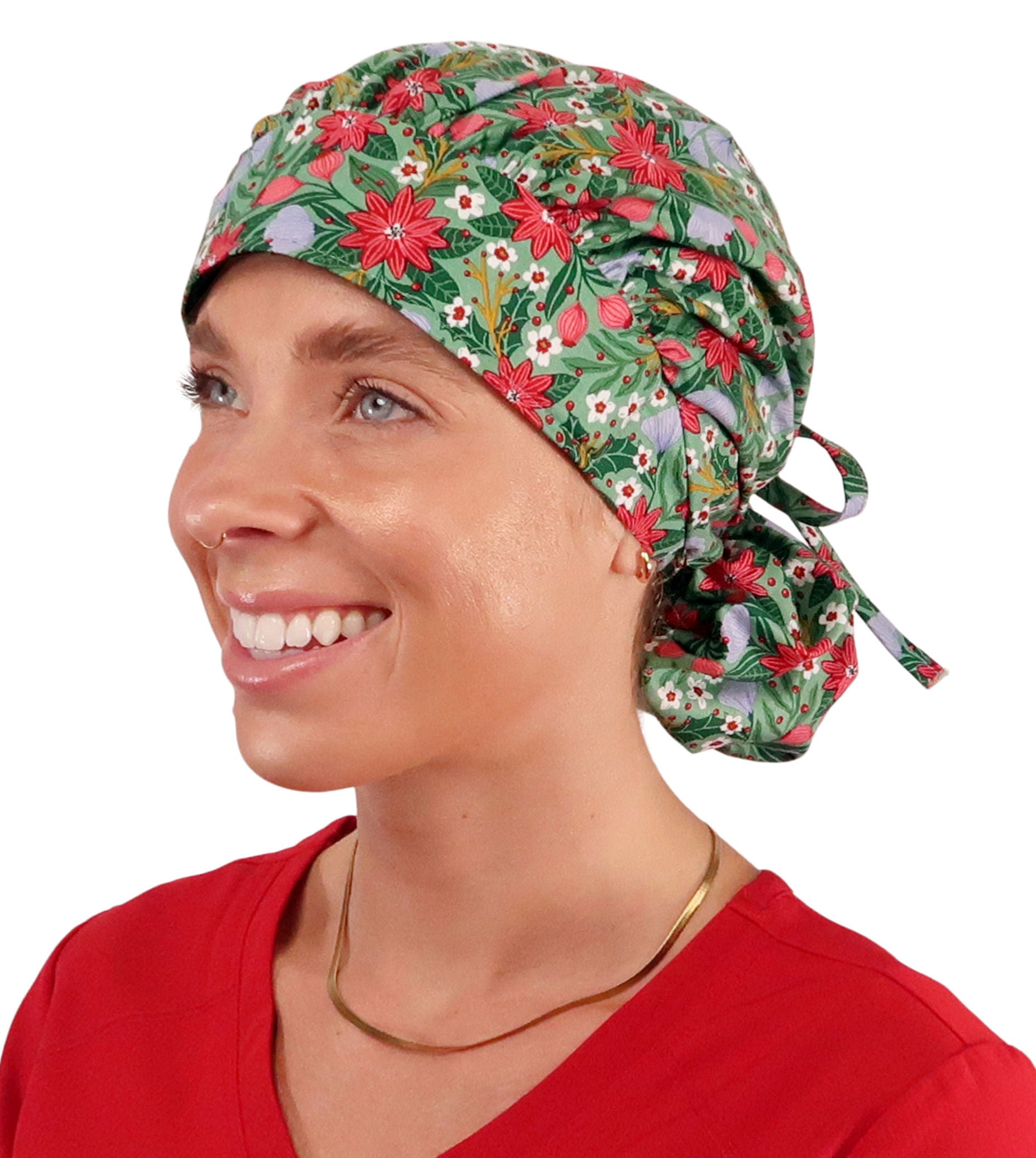 Banded Bouffant Surgical Scrub Cap - Poinsettia Party - Banded Bouffant Surgical Scrub Caps - Sparkling EARTH