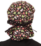 Banded Bouffant Surgical Scrub Cap - Holiday Happiness with Black Ties