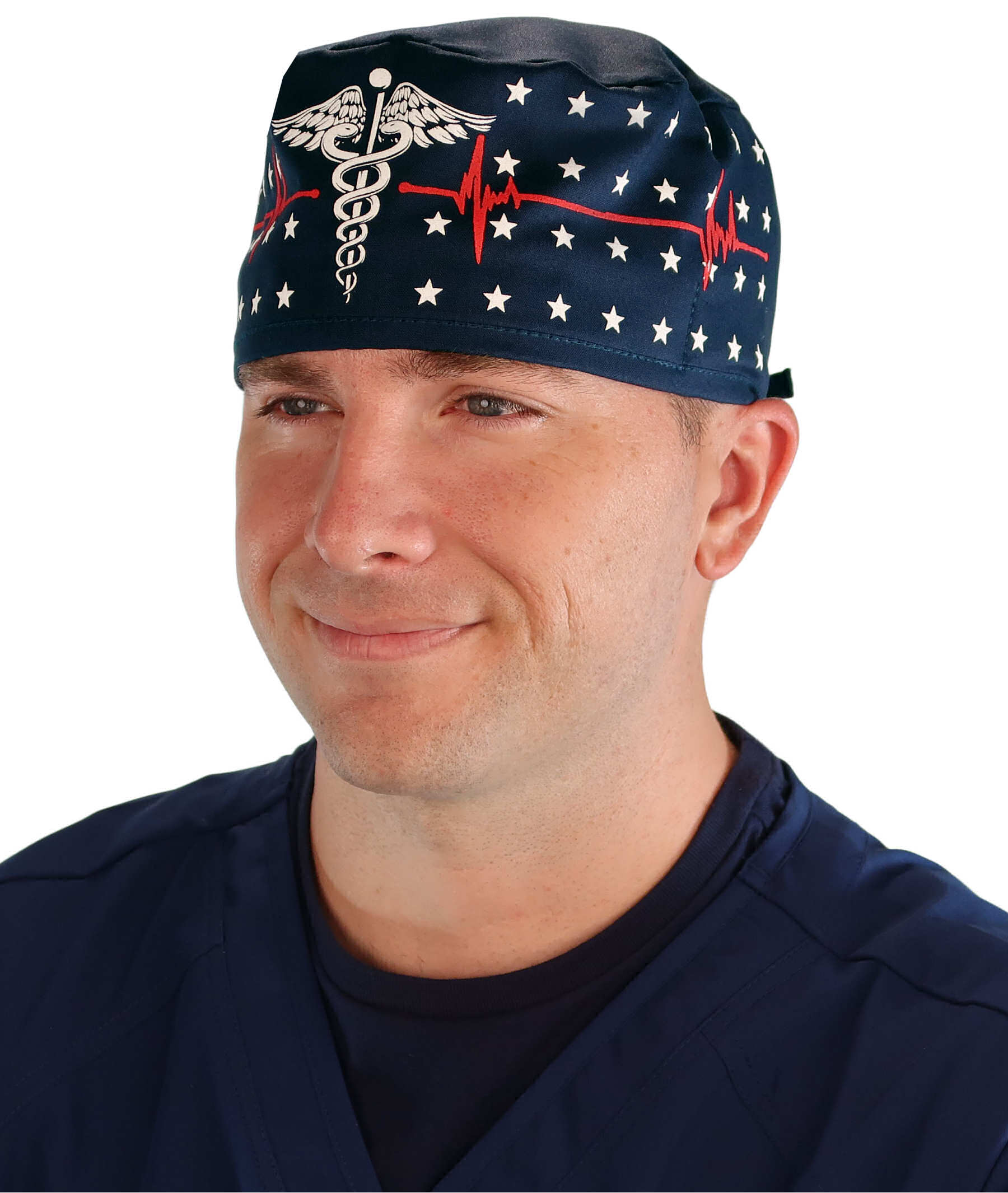 Front Facing View of a man Wearing a Classic Cotton Surgical Scrub Cap - Patriotic Caduceus Pattern on Navy.