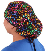 Big Hair Ponytail Surgical Scrub Cap - Perfect Scrub Cap for Long Hair - Multi Color Dots with Black Ties