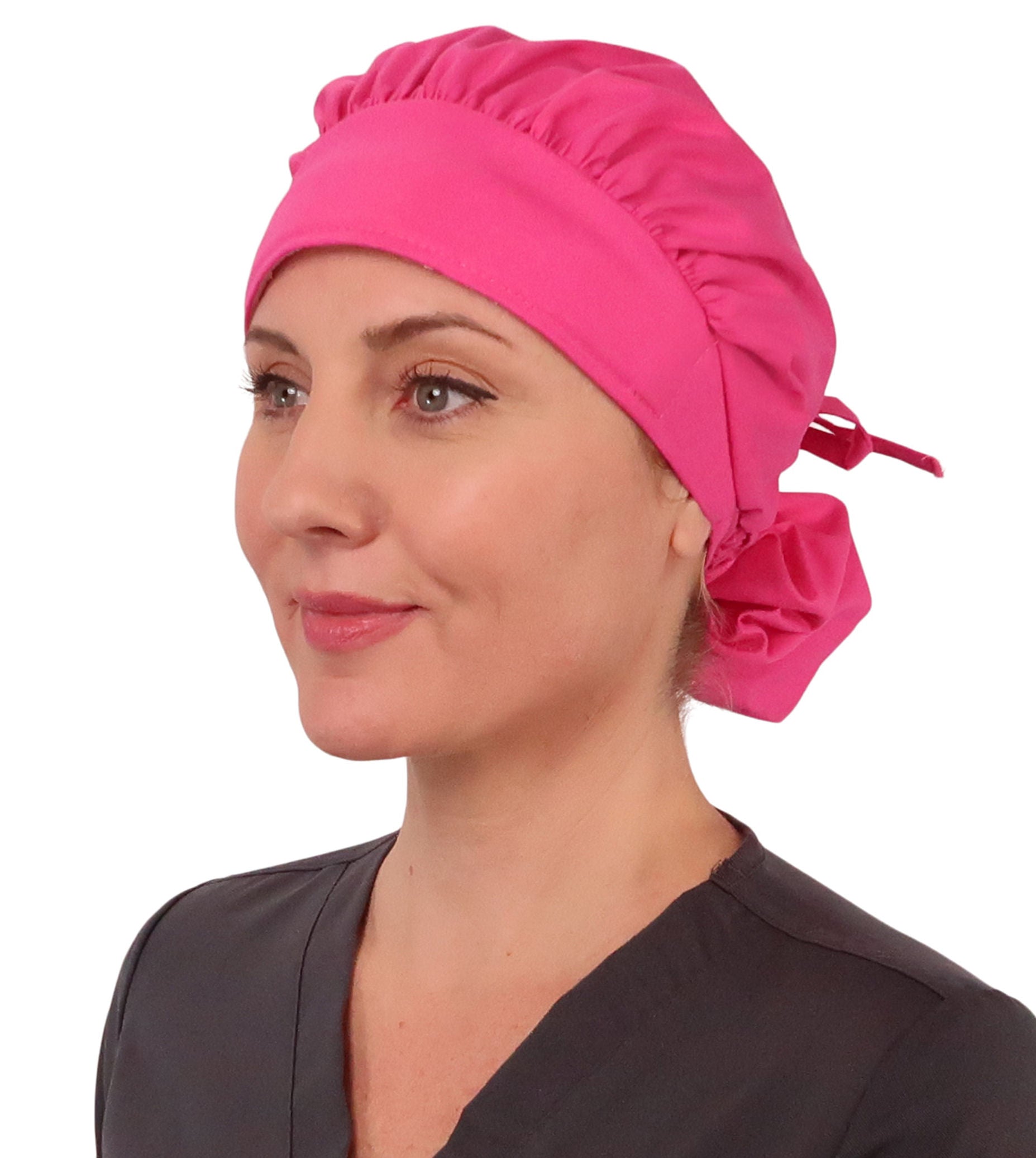 Front Facing Tied View of a Woman Wearing a Tied Back Banded Bouffant Ponytail Surgical Scrub Cap - Solid Hot Pink Fabric