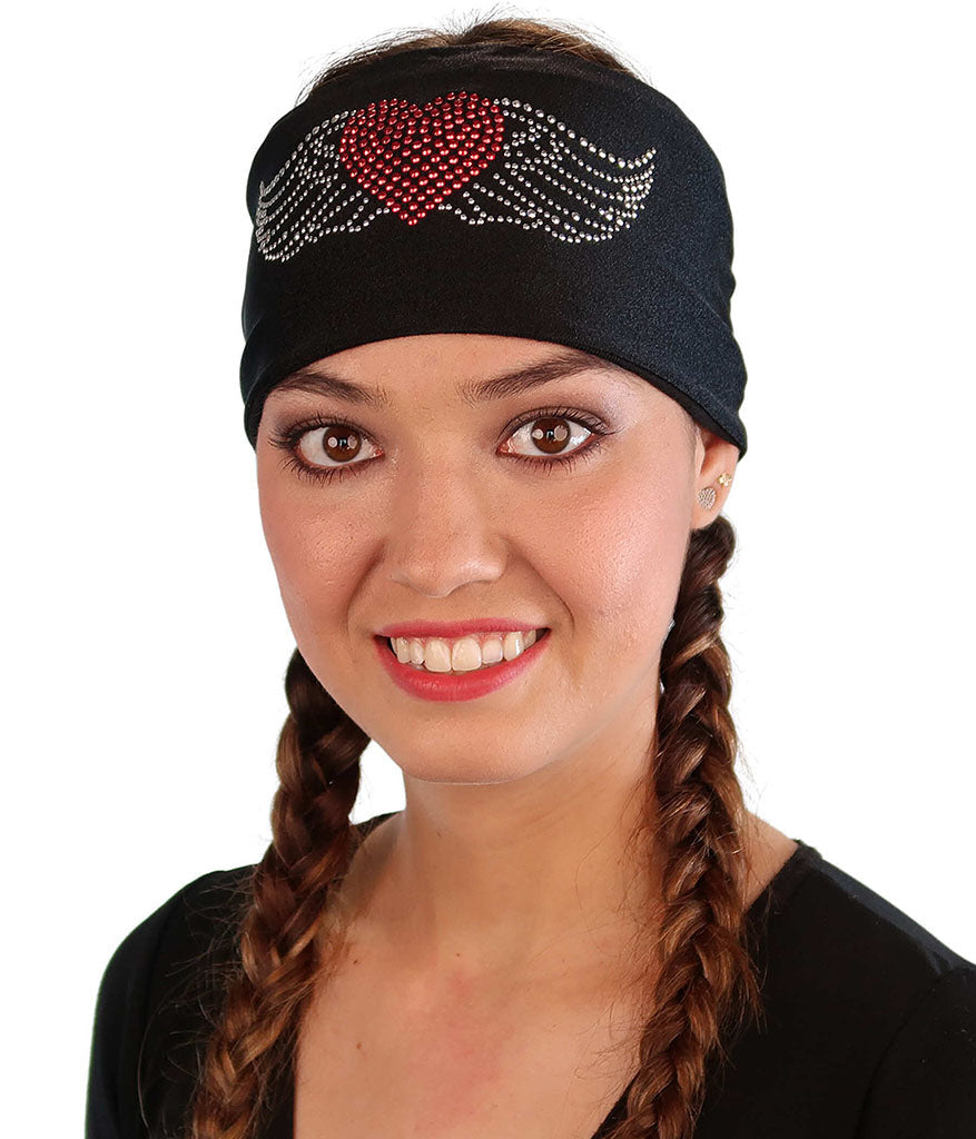 Embellished Reversible Stretch Headband – Stylish, Comfortable &amp; USA-Made -  Black Headband with Large Heart &amp; Wings Rhinestud Design - Stretch Headbands - Sparkling EARTH