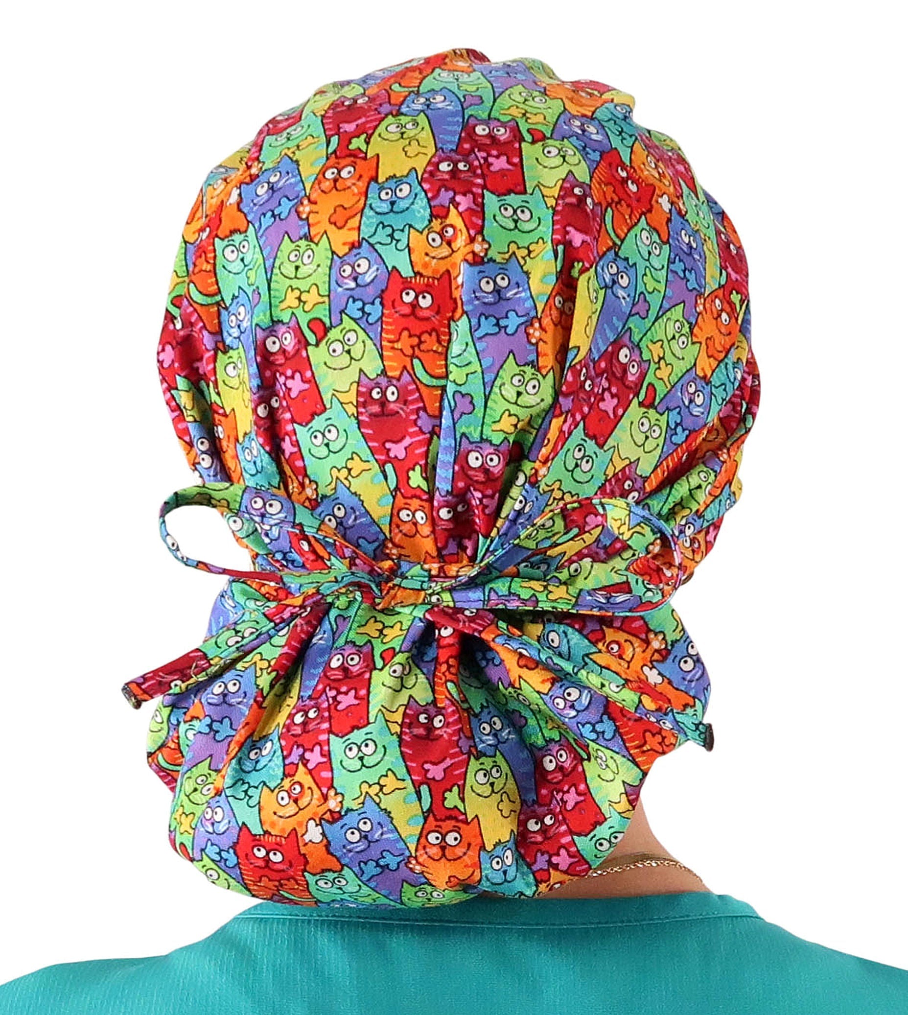 Stylish American Made Banded Bouffant Ponytail Scrub Cap - Colorful Cats Meow Banded Bouffant Surgical Scrub Caps
