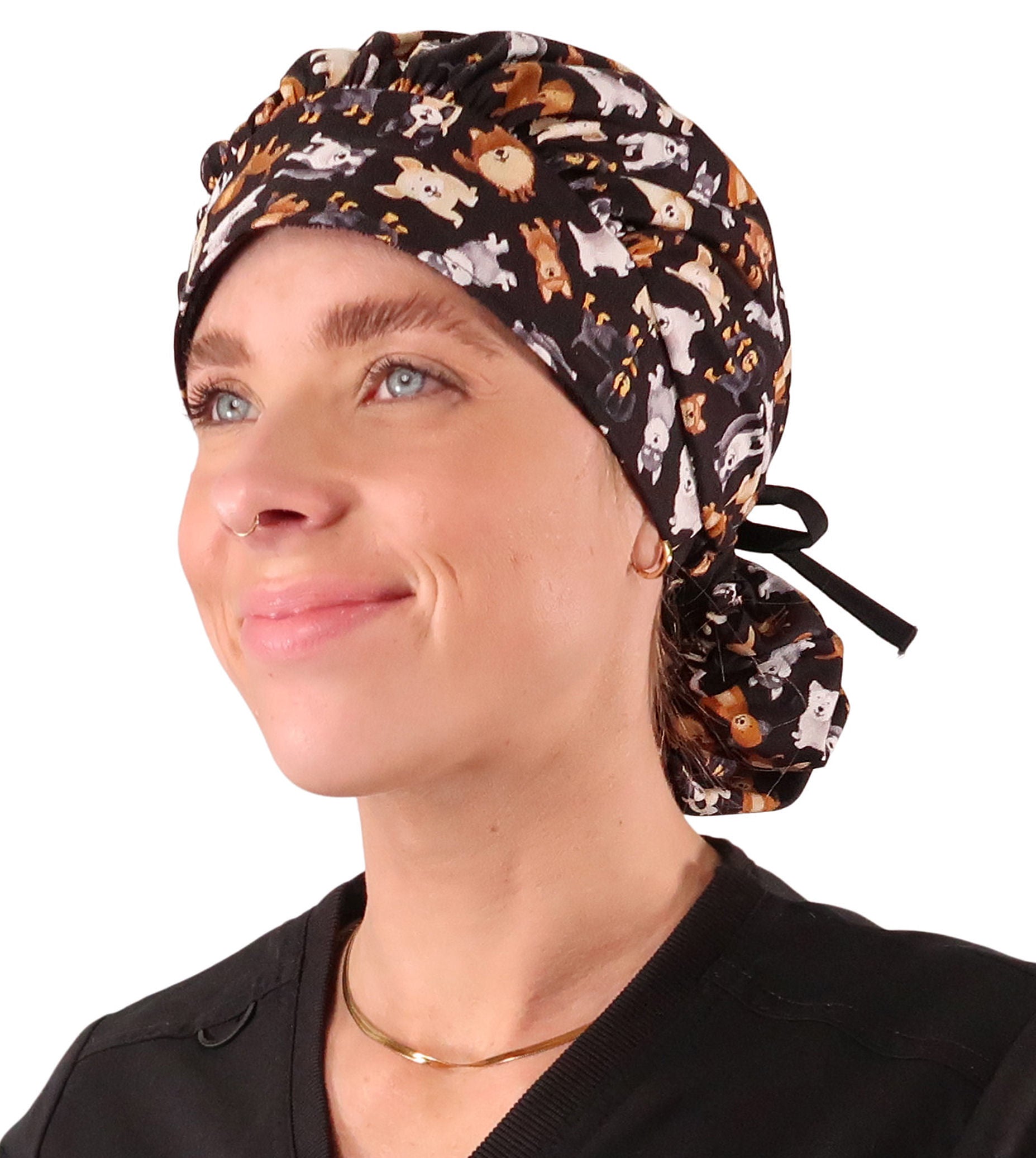 Banded Bouffant Ponytail Scrub Cap - Puppy Parade with Black Ties Banded Bouffant Surgical Scrub Caps