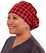 Euro Style Riley Comfort Scrub Cap - American Made - Black & Red Buffalo Check