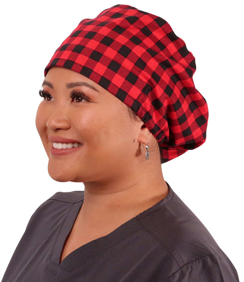 Euro Style Riley Comfort Scrub Cap - American Made - Black & Red Buffalo Check