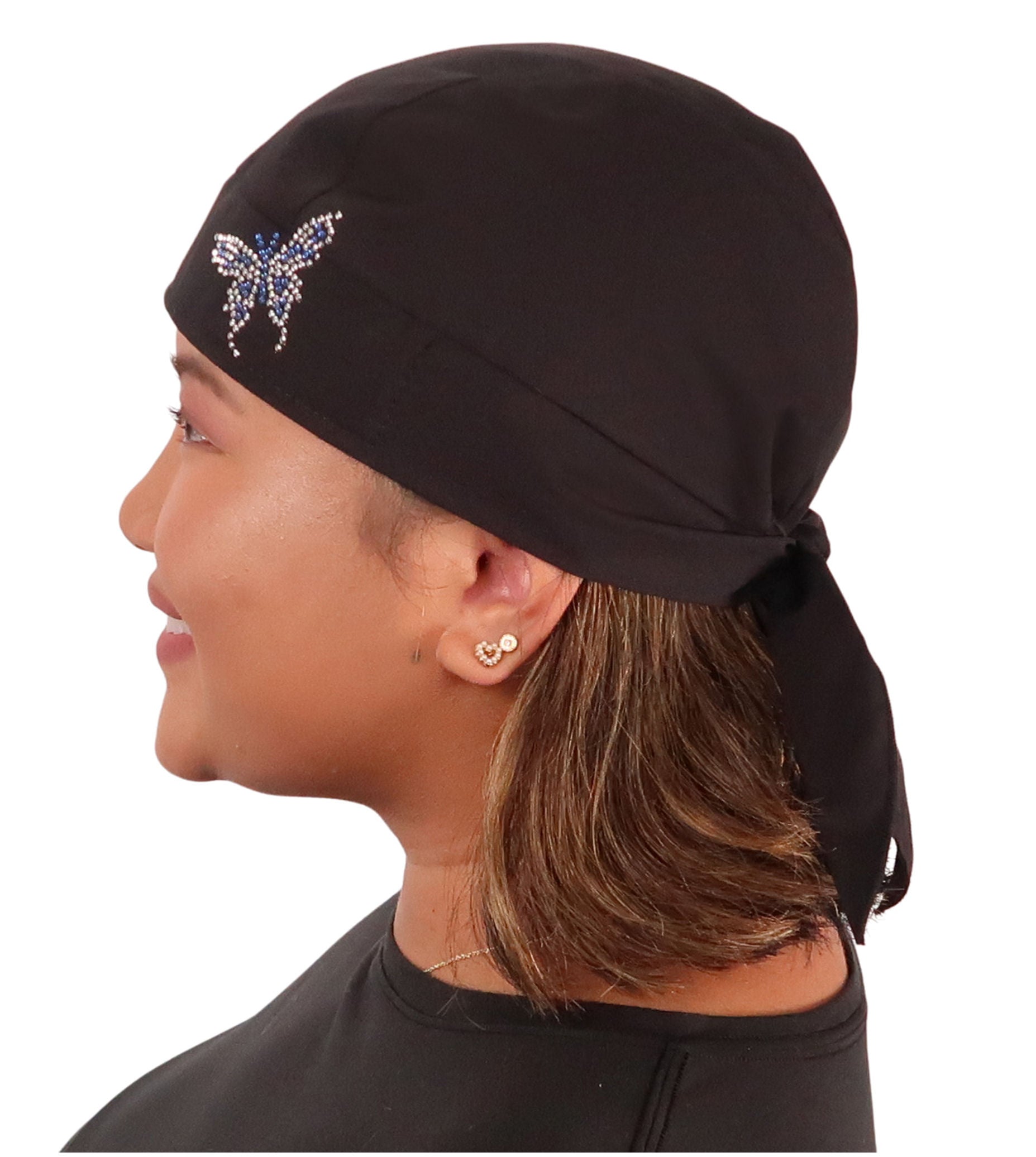 Embellished Skull Caps: Stylish and Unique Headwear - Black Skull Cap with Blue & Silver Butterfly Rhinestud/Stone