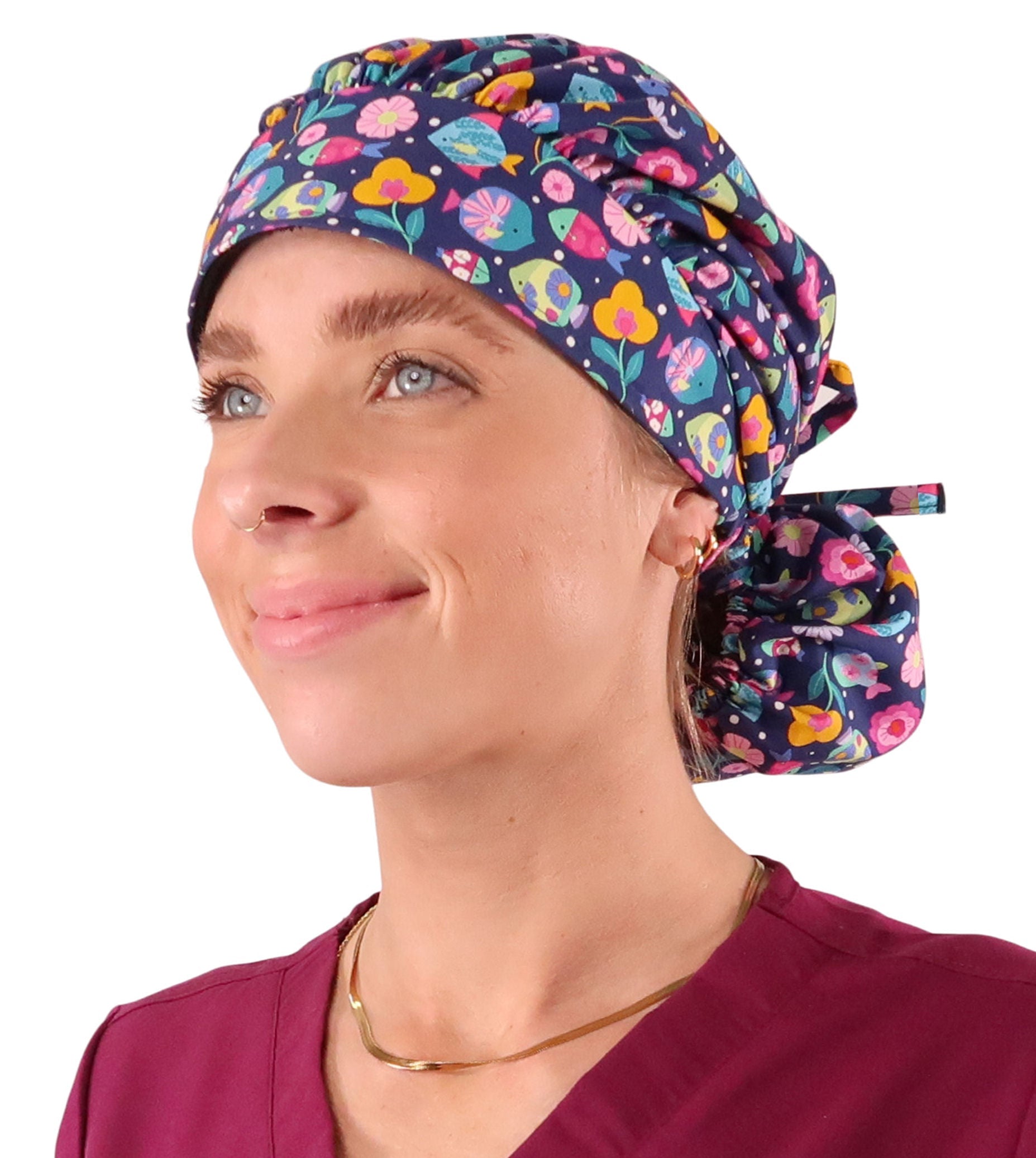 Banded Bouffant Ponytail Scrub Cap - Fabulous Fishies - Banded Bouffant Surgical Scrub Caps - Sparkling EARTH