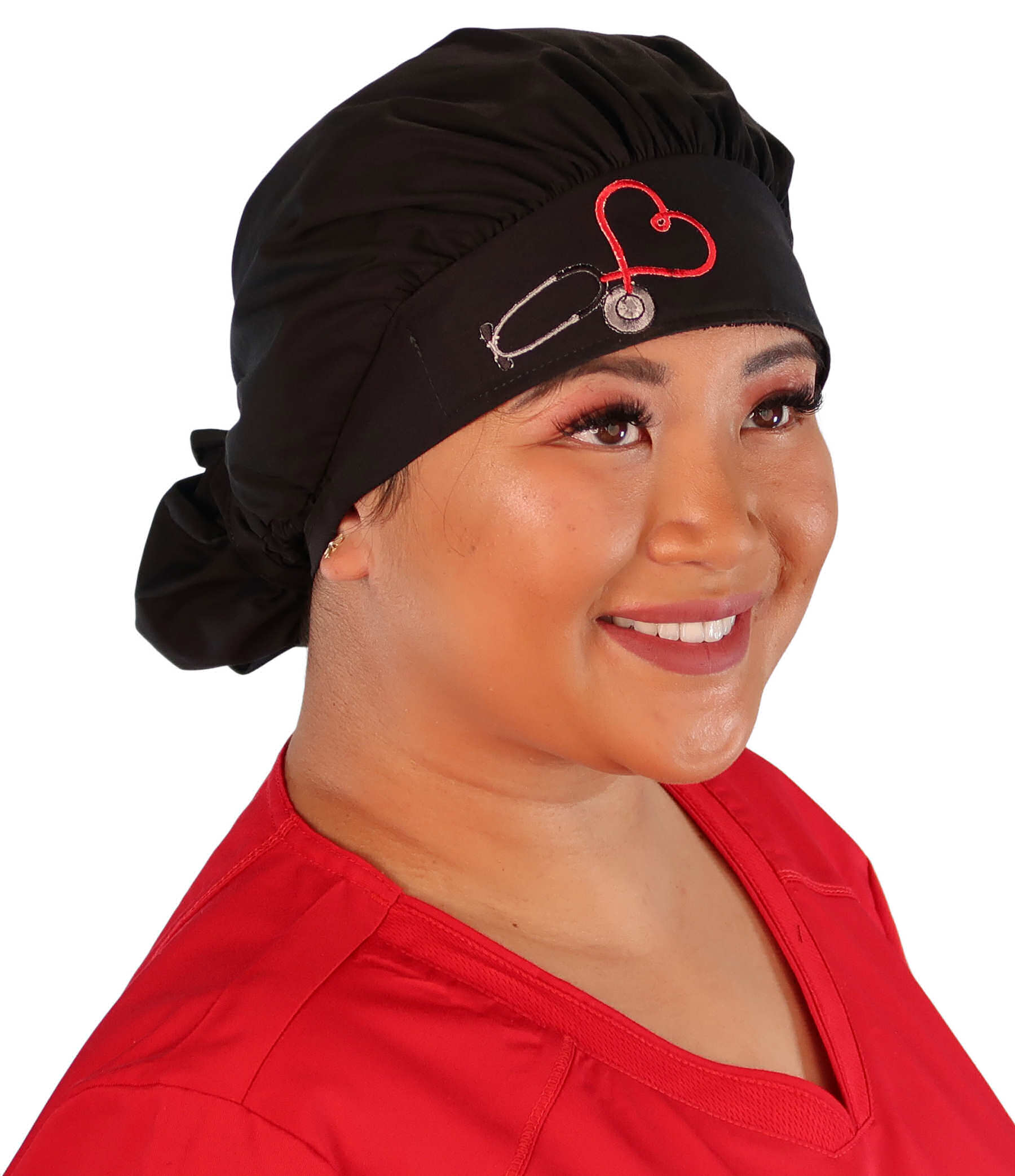Front Facing Tied View of a Woman Wearing a Banded Bouffant Ponytail Surgical Scrub Cap - Heart Stethoscope Patch on Black Fabric 