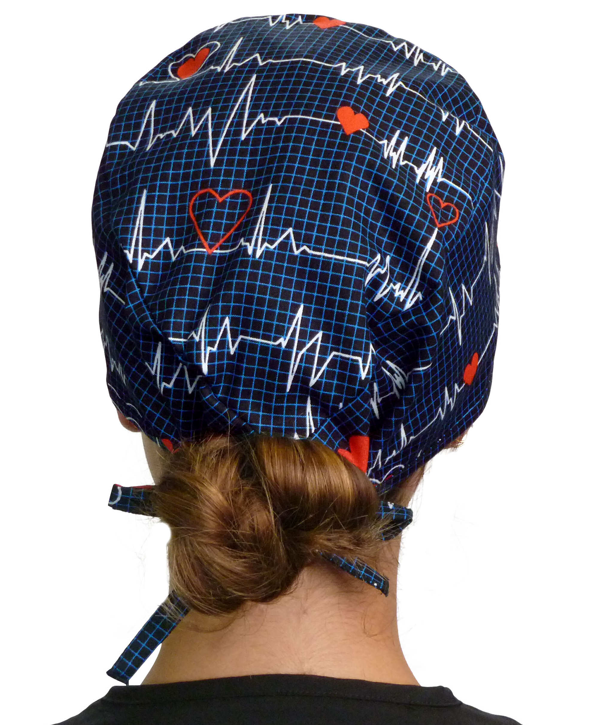 Back facing image of a woman in scrubs wearing a Classic Surgical Scrub Cap in a Heartbeats on Navy pattern.