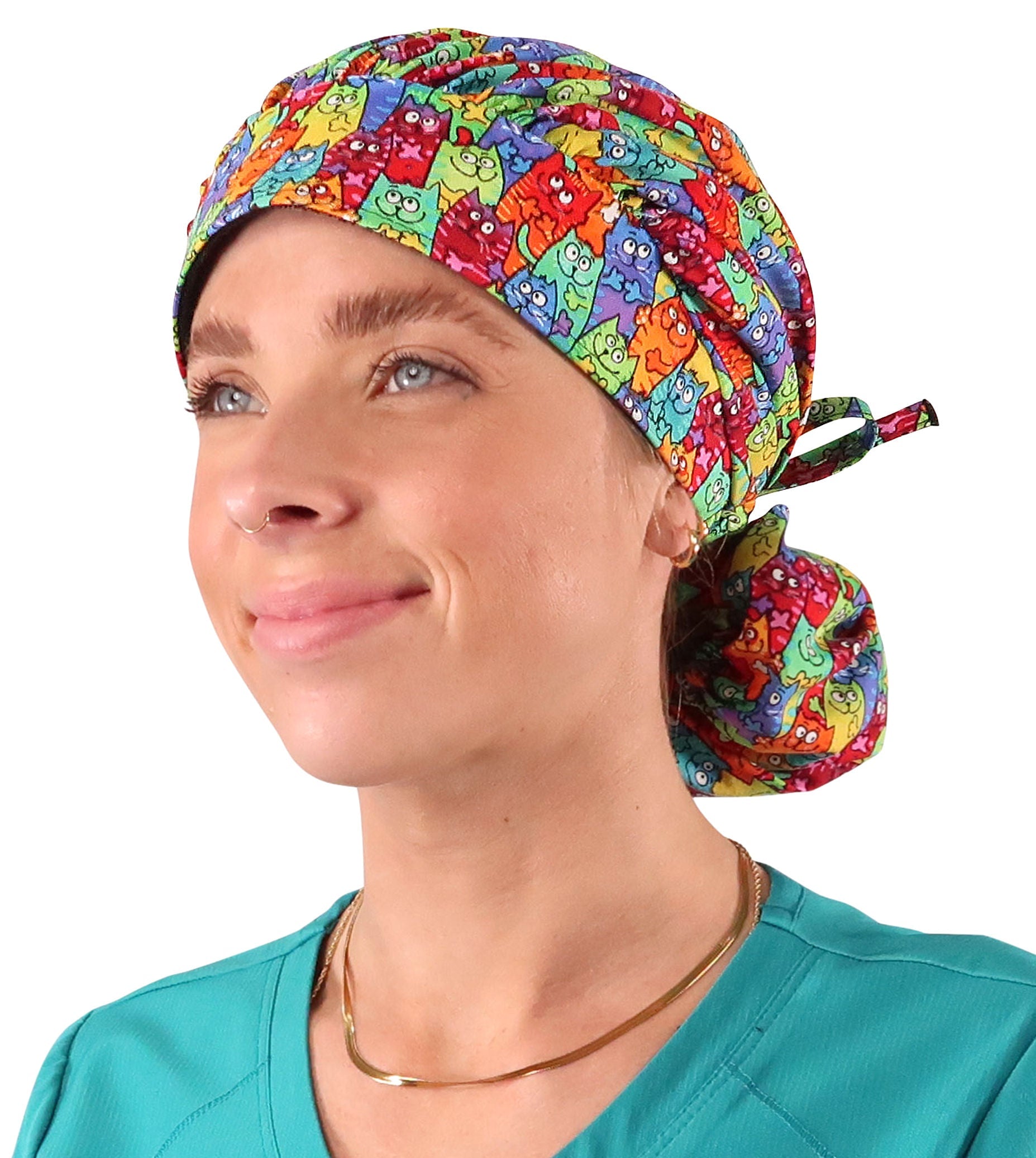 Banded Bouffant Ponytail Scrub Cap - Colorful Cats Meow - Banded Bouffant Surgical Scrub Caps - Sparkling EARTH