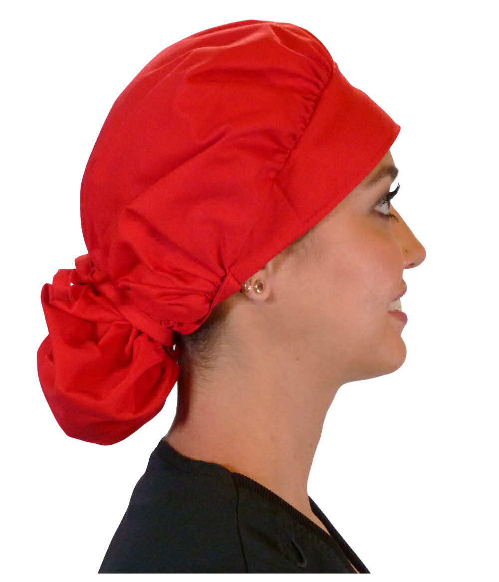 Side Facing Tied View of a Woman Wearing a Tied Back Banded Bouffant Ponytail Surgical Scrub Cap - Solid Red Fabric