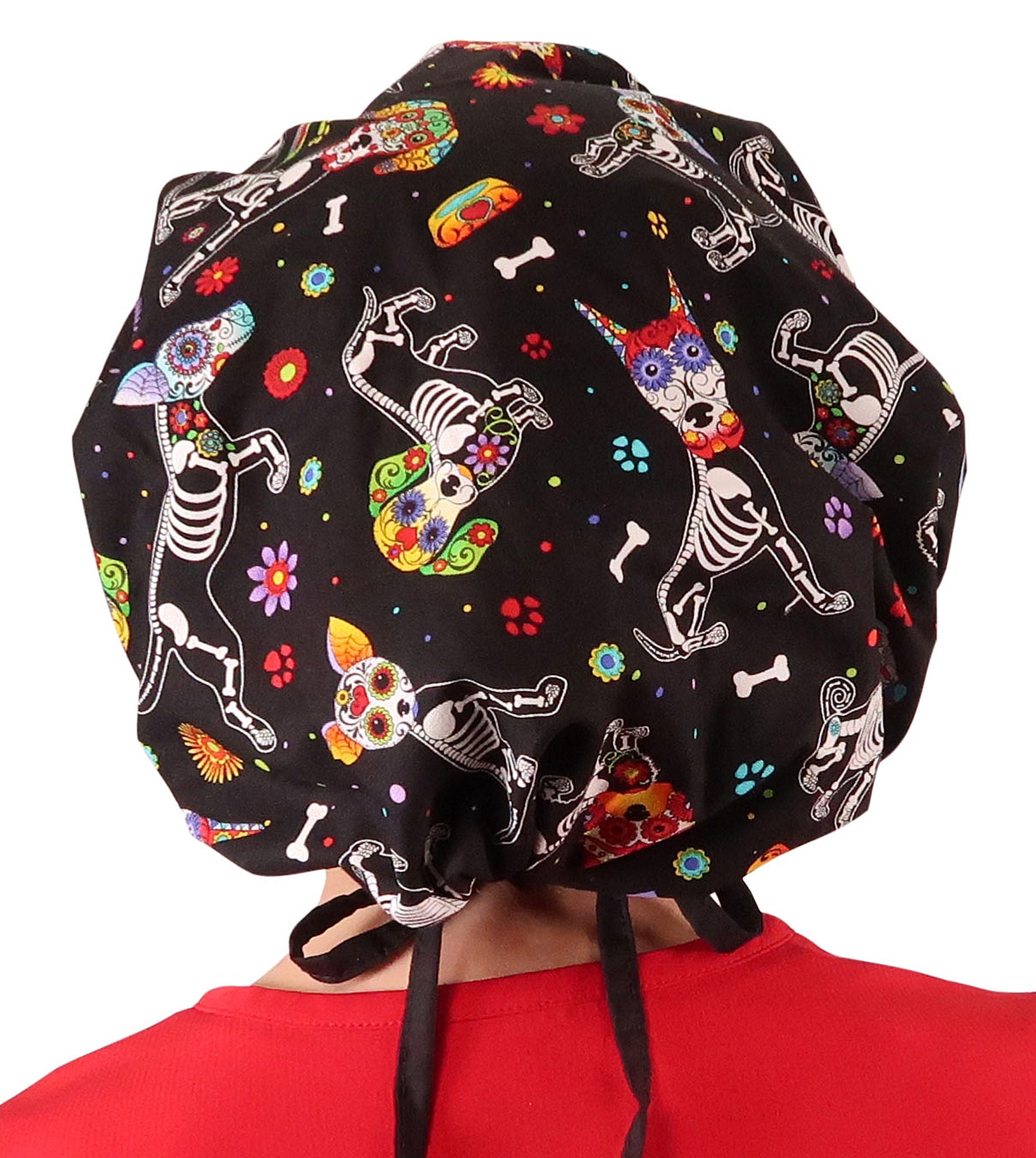 Back Facing Untied View of a Woman Wearing a Tied Back Banded Bouffant Ponytail Surgical Scrub Cap - X - Ray Dogs Patterned Fabric with Black Ties 
