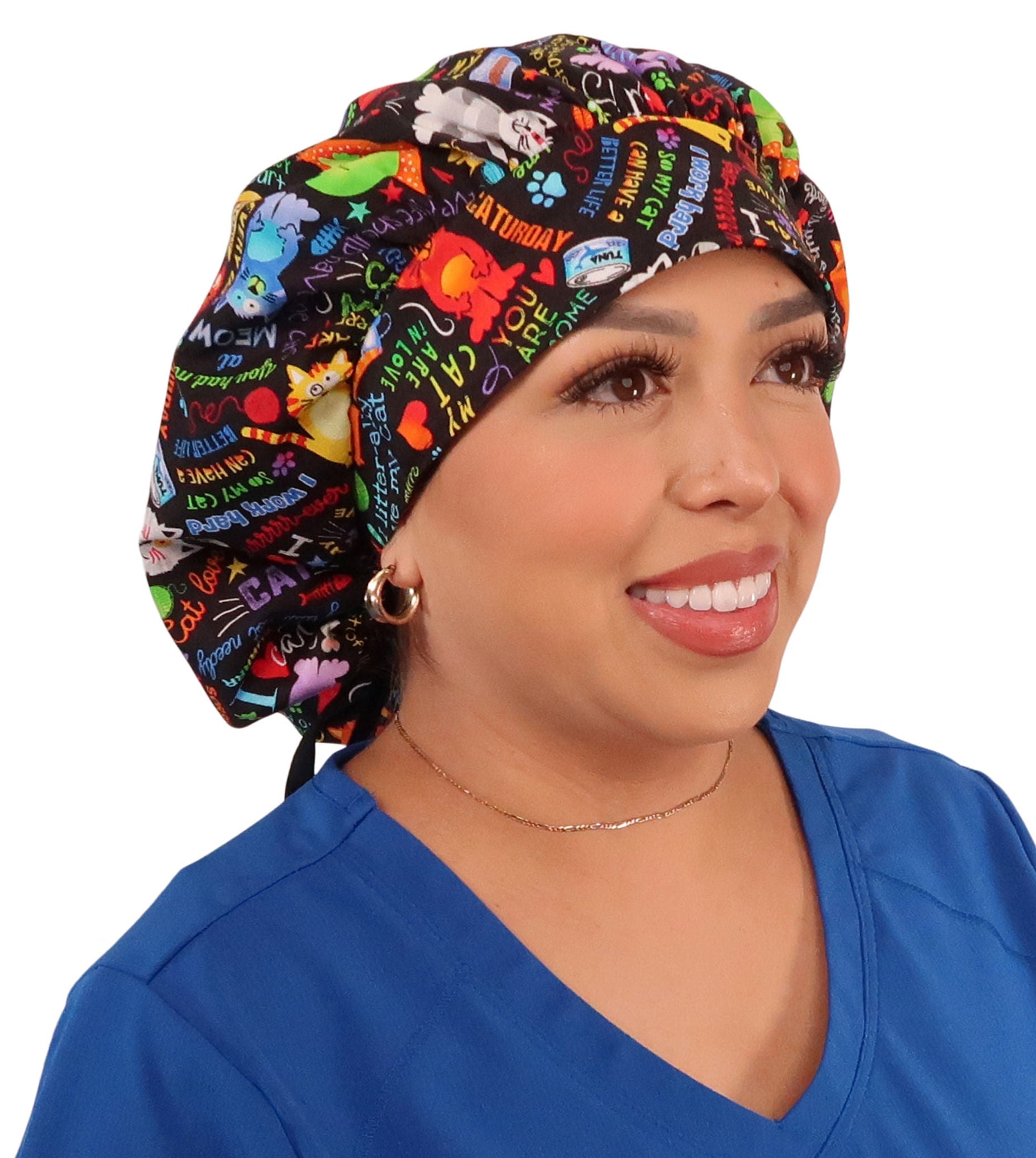 Stylish American Made Banded Bouffant Ponytail Scrub Cap - PURRfect Kitties with Black Ties Banded Bouffant Surgical