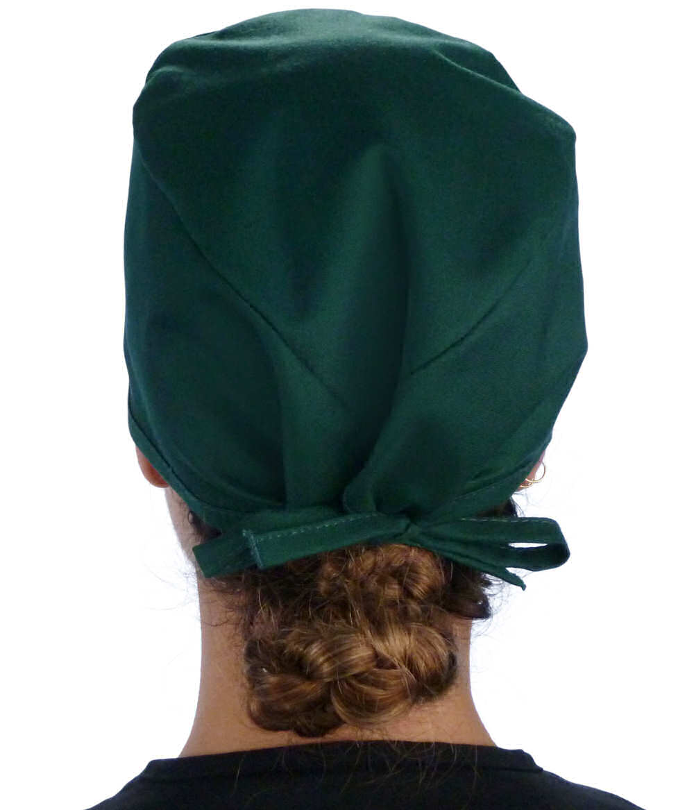 Back Facing View of a Woman Wearing a Classic Cotton Surgical Scrub Cap - Hunter Green Scrub Cap