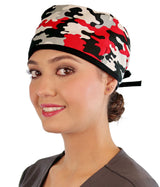 Surgical Cap - Red, Grey, Black & White Camouflage with Black Ties