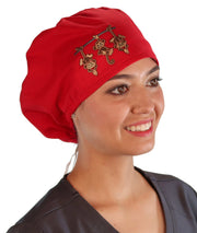 Embellished Riley Comfort Scrub Cap - Red Riley Comfort Scrub Cap with Three Monkeys Patch