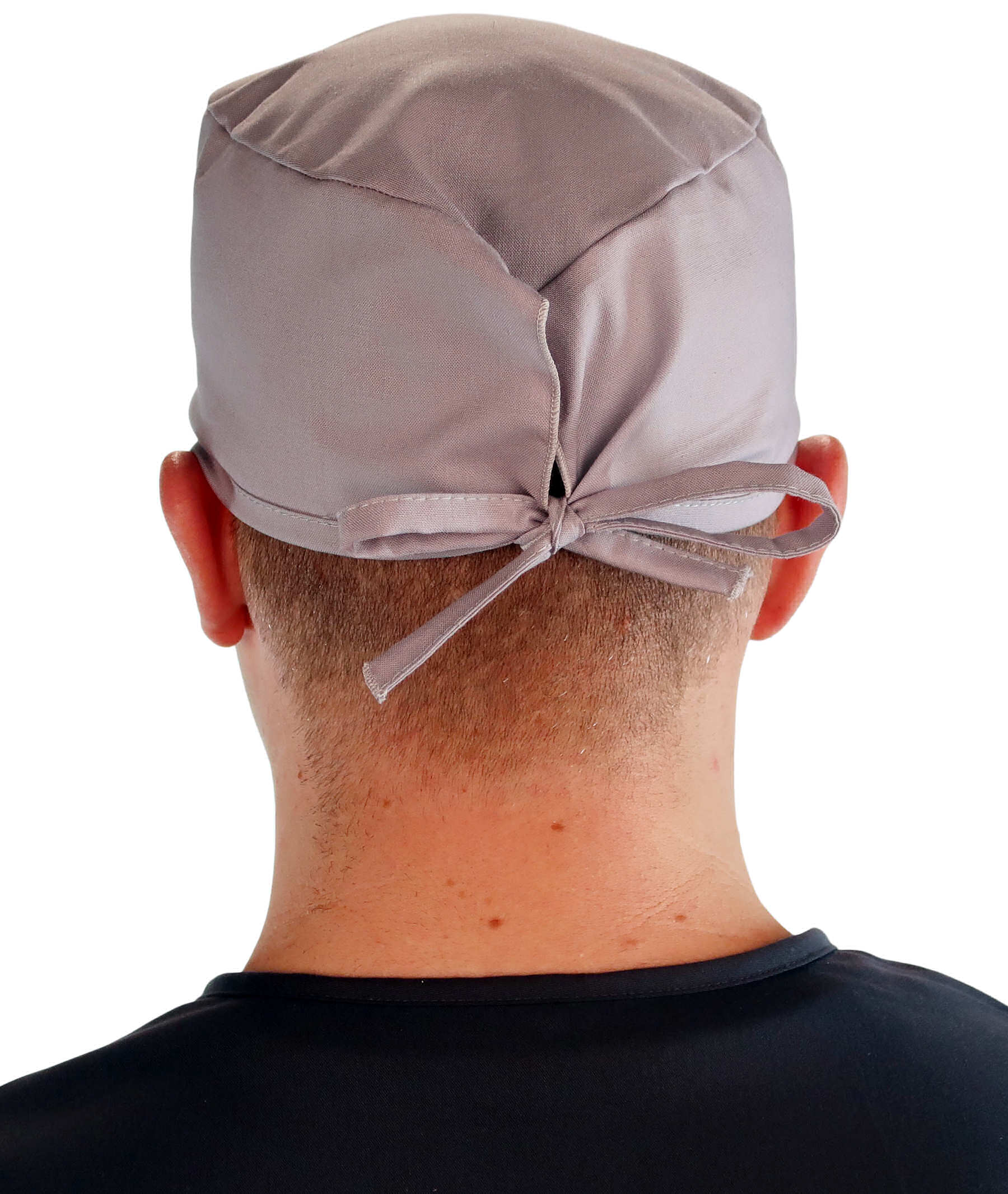 Back Facing View of a Man Wearing a Classic Cotton Surgical Scrub Cap - Light Grey Scrub Cap