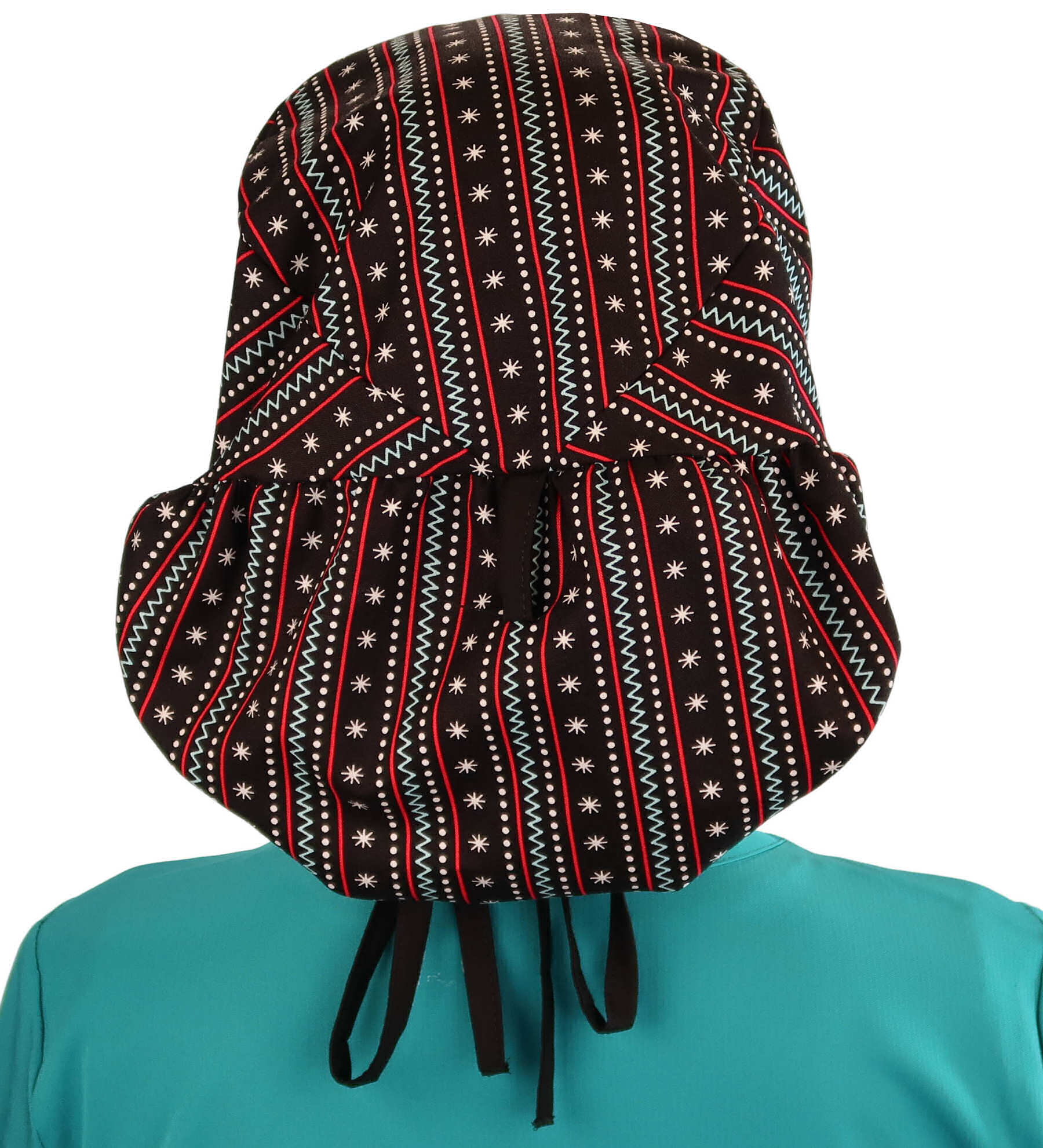 Back facing untied image of a woman in scrubs wearing a Big Hair Ponytail Scrub Cap with a Winter Sweater pattern, and black ties to hold the scrub cap in place.