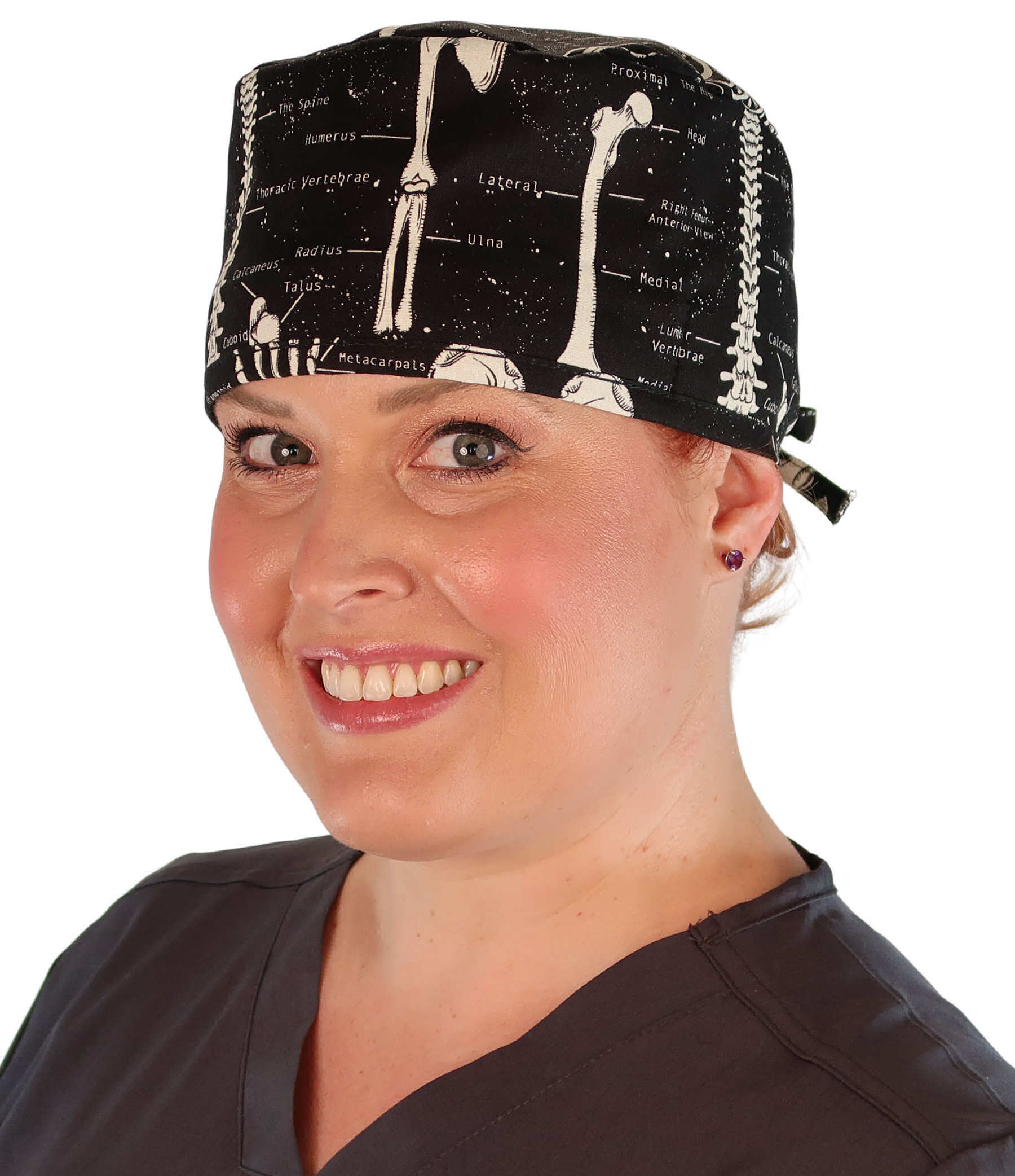 Front Facing View of a woman Wearing a Classic Cotton Surgical Scrub Cap - Human Body Skeleton (Glow In The Dark) Pattern.
