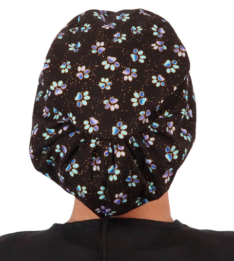 Euro Style Riley Comfort Scrub Cap - American Made - Magical Metallic Paw Print on Black