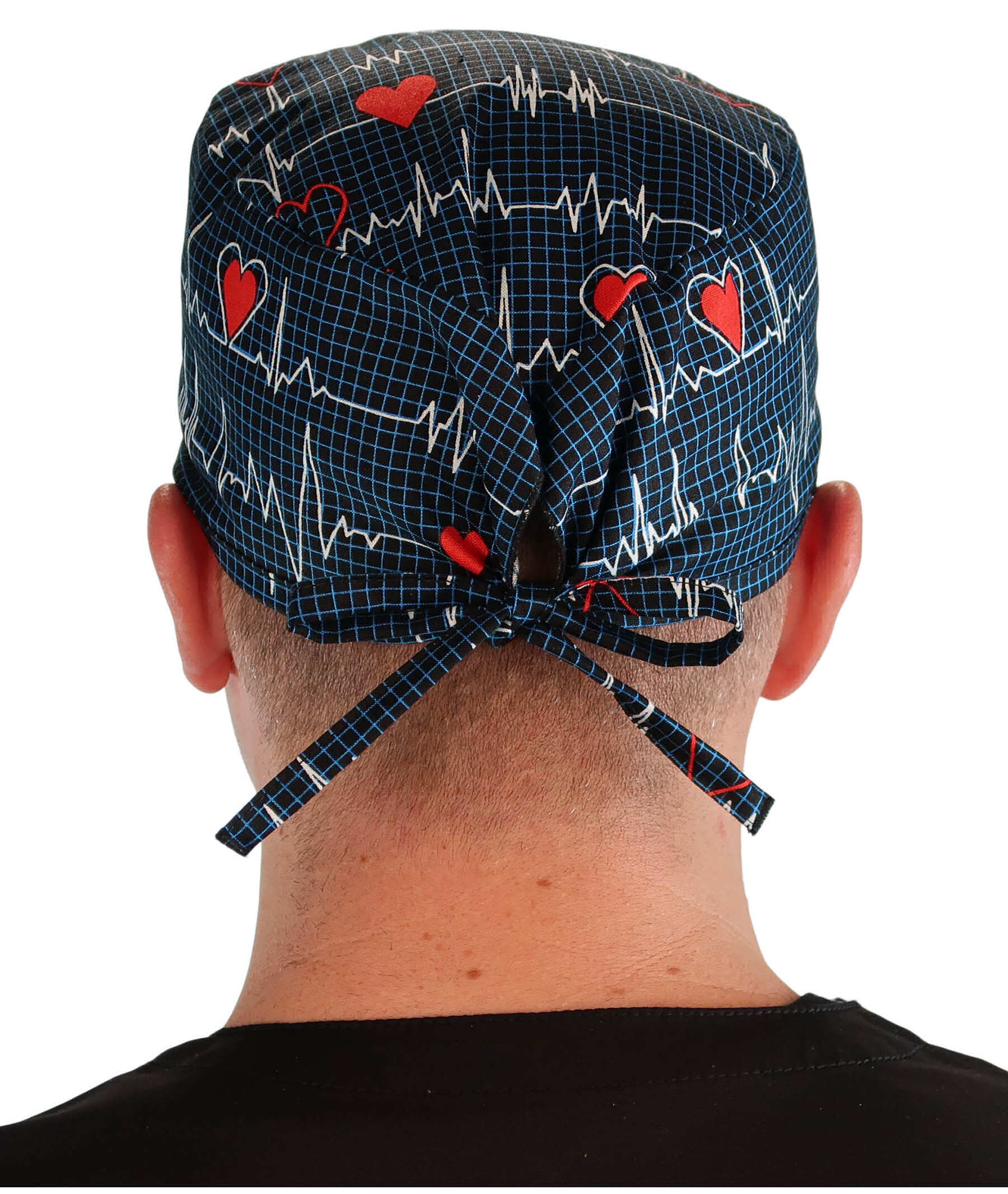 Back facing image of a man in scrubs wearing a Classic Surgical Scrub Cap in a Heartbeats on Navy pattern.