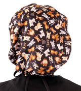 Banded Bouffant Ponytail Scrub Cap - Puppy Parade with Black Ties