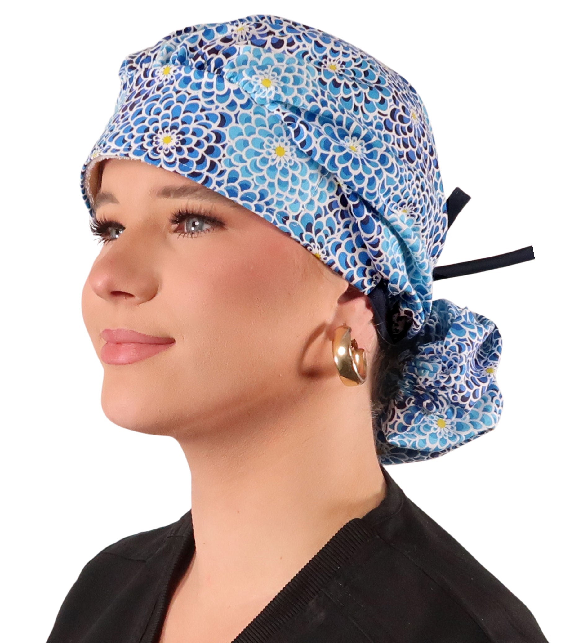 Banded Bouffant Ponytail Scrub Cap - Blue Dahlia Dreams with Navy Ties Banded Bouffant Surgical Scrub Caps