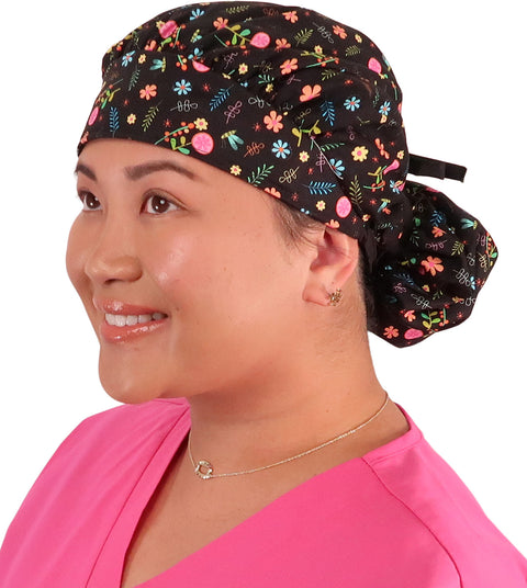 Banded Bouffant Surgical Scrub Cap - Wildflower Wonders with Black Ties