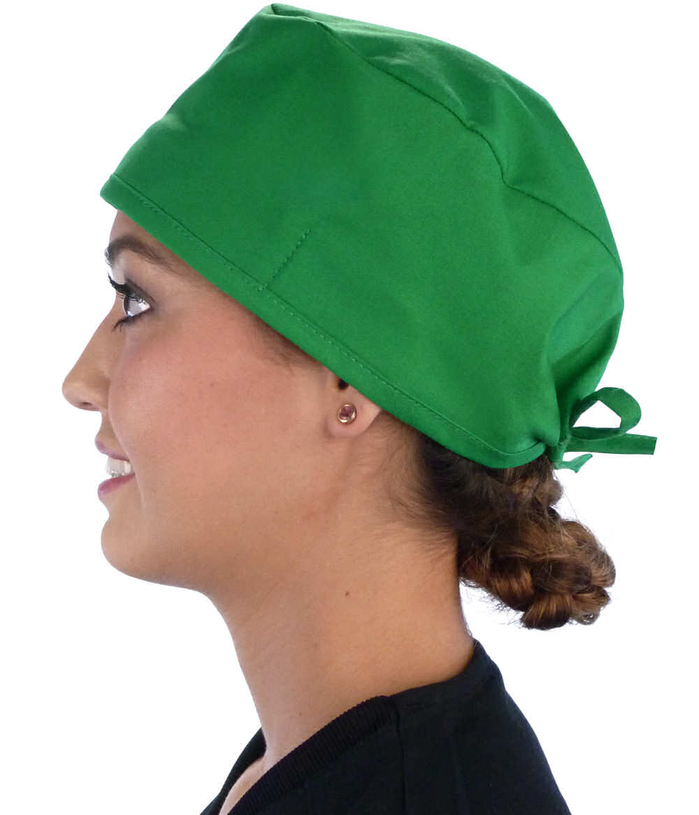 Side Facing View of a Woman Wearing a Classic Cotton Surgical Scrub Cap - Kelly Green Scrub Cap