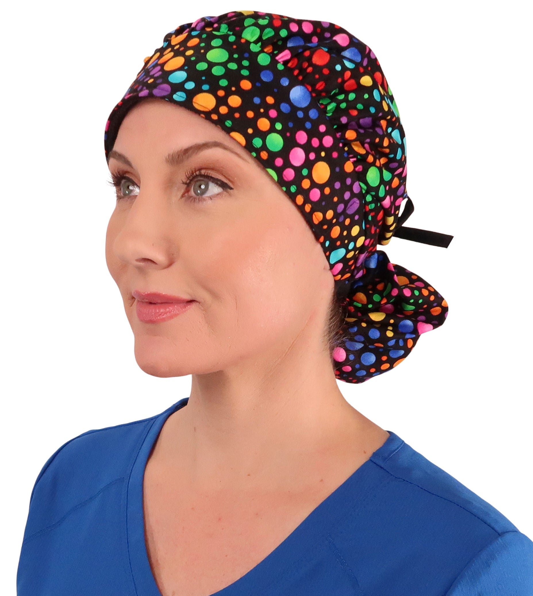 Front Facing Tied View of a Woman Wearing a Tied Back Banded Bouffant Ponytail Surgical Scrub Cap - Multi Color Dots Patterned Fabric with Black Ties 