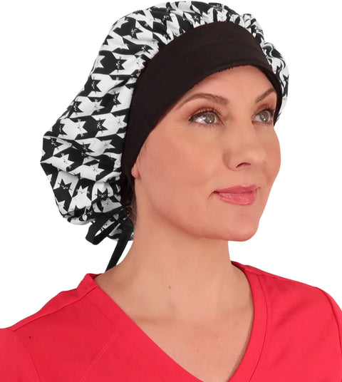 Banded Bouffant Surgical Scrub Cap - Houndstooth Kitties with Black Band