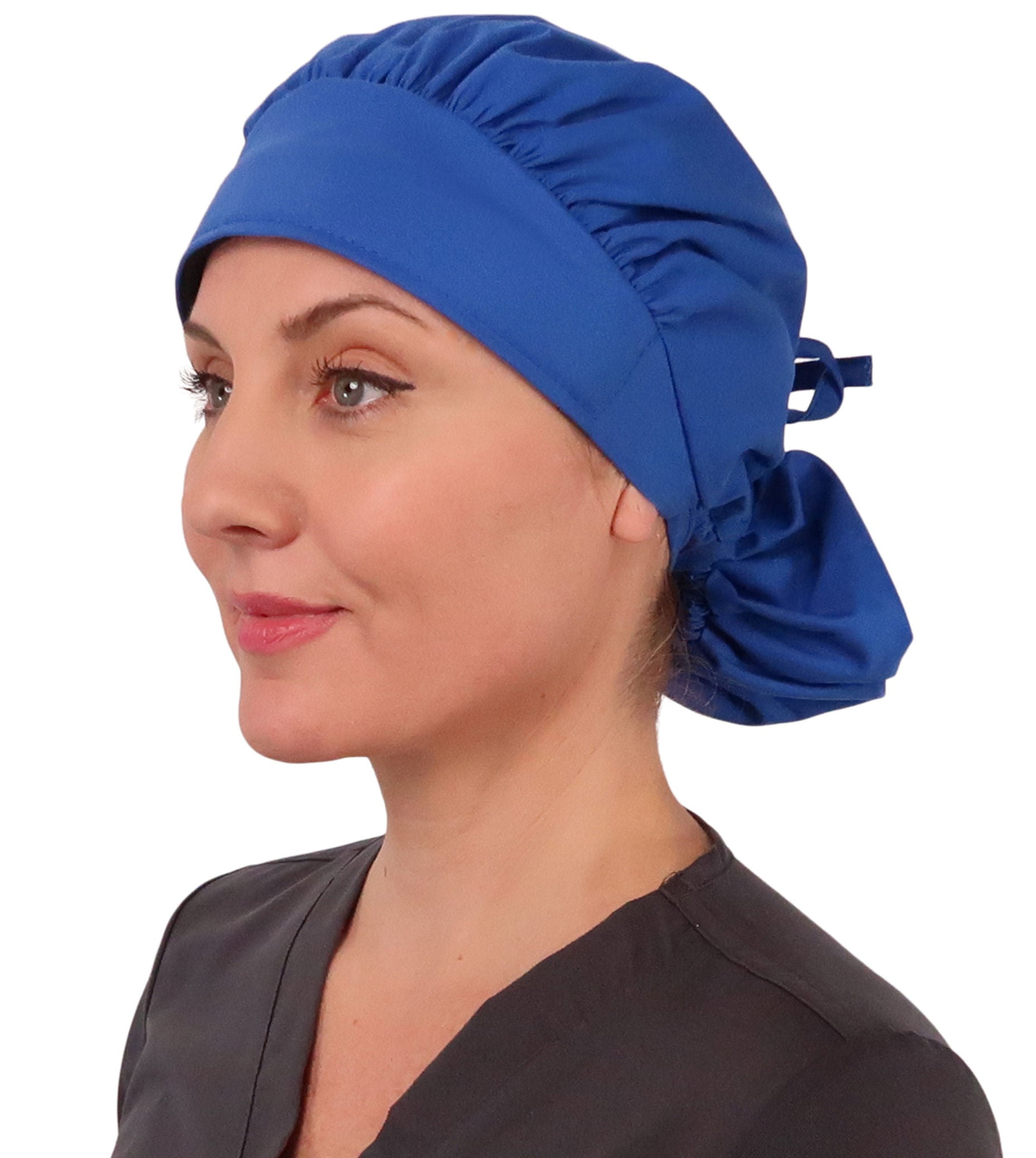 Front Facing Tied View of a Woman Wearing a Tied Back Banded Bouffant Ponytail Surgical Scrub Cap - Solid Royal Fabric