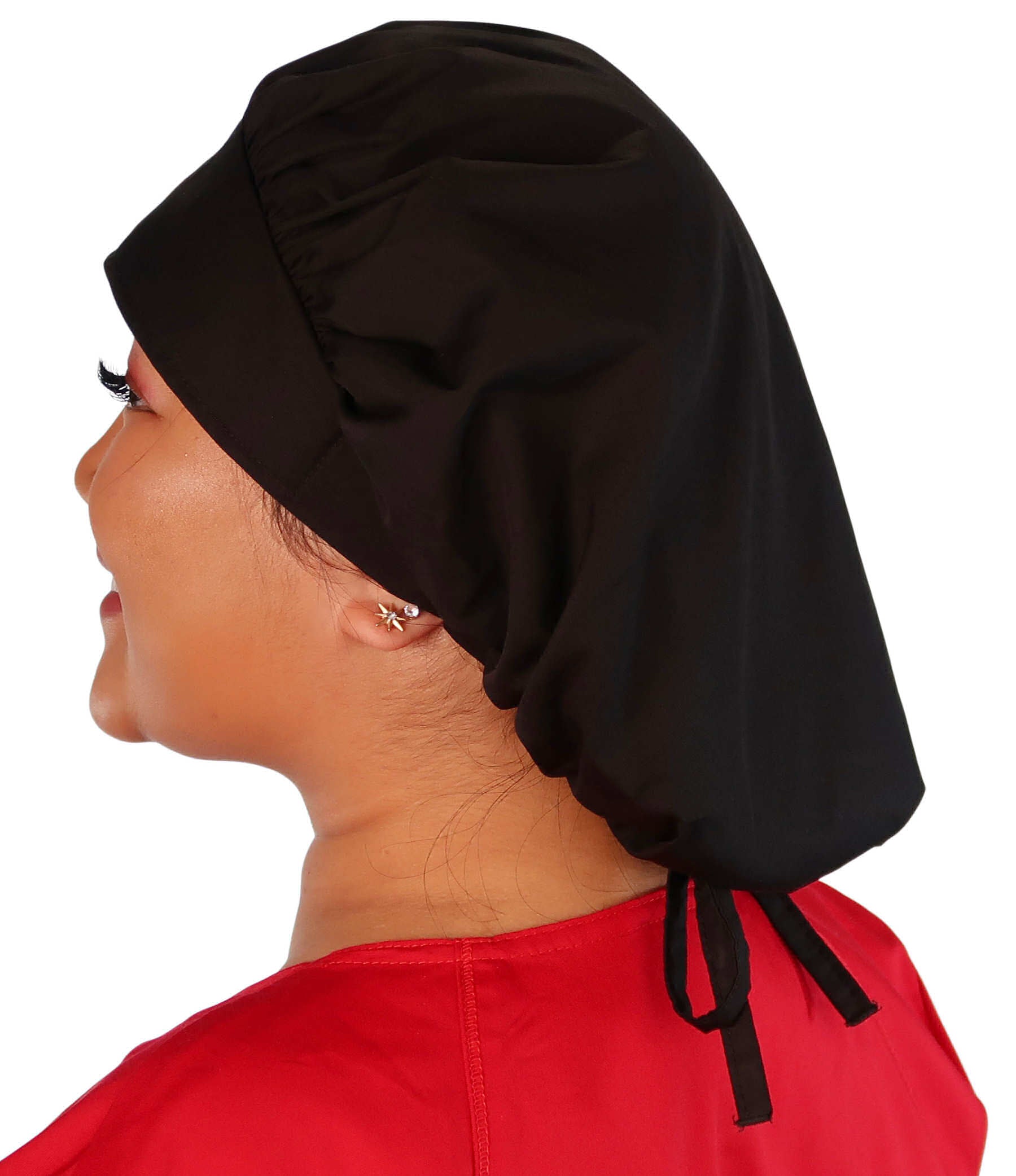 Side Facing Untied View of a Woman Wearing a Banded Bouffant Ponytail Surgical Scrub Cap - Heart Stethoscope Patch on Black Fabric 